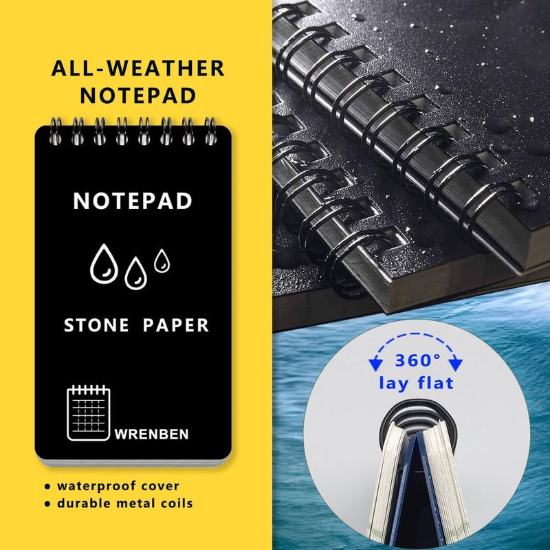 RENBEN 4PCS Waterproof Spiral Notebook 3"x5" with Stone Graph Paper, All-Weather Pocket Notepad A7, Memo Steno Pads for Outdoor Work, Travel, Field, Military (Black, 4 Pack) - Image 3